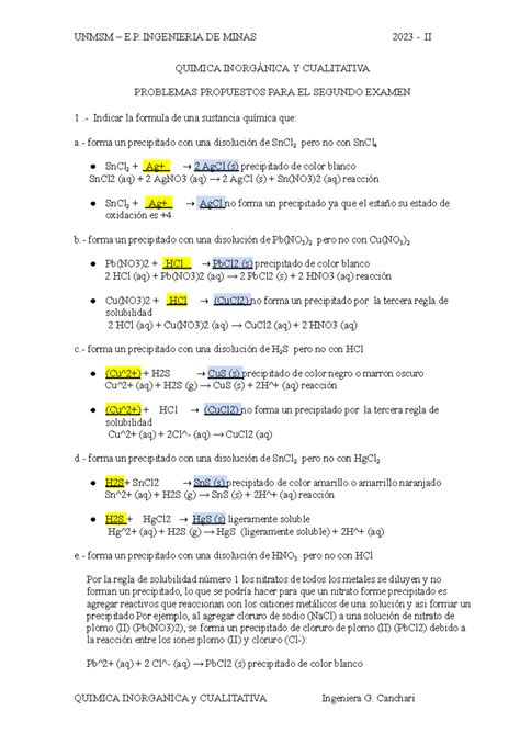 Problemas Para El Segundo Examen Quimica Inorg Nica Y Cualitativa