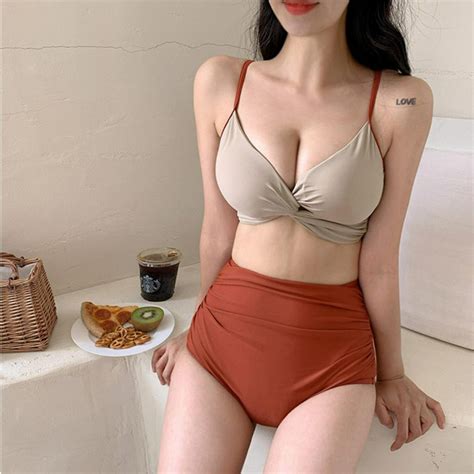Bikini 2 mảnh phong cách Hàn Quốc Tuvada đồ bơi nữ cổ V quần cạp cao che bụng áo tắm đi biển