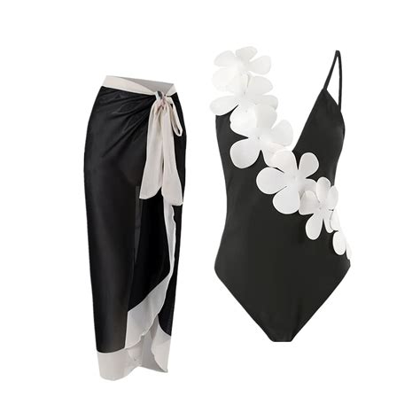 Women One Piece Black Bathing Suit With Matching Cover Up Sexy Bikini With Cover Up Wrap Skirt