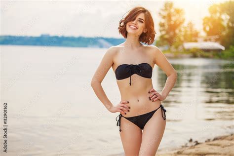 Beautiful Woman With Black Bikini Relaxing On The Beach Happy Day Summer Day Sunshine Girl