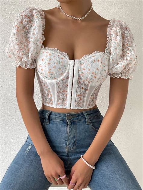 Ditsy Floral Print Sweetheart Neck Puff Sleeve Crop Top Blusas Femininas Roupas Roupas