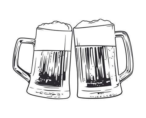 Illustration Of Two Toasting Beer Mugs Cheers Clinking Glass Tankards Full Of Beer Hand Drawn