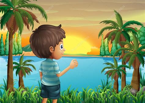 Un Niño Viendo La Puesta De Sol En La Orilla Del Río — Vector De Stock