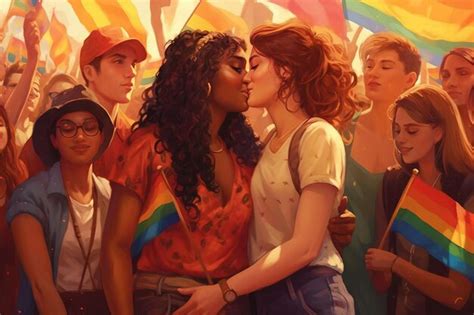 Dos mujeres besándose en el desfile del orgullo gay Foto Premium