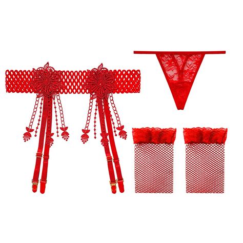 Jual Online Fashion Lingerie Sexy Open Crotch G String Manis Renda Lingerie Set Stocking T11