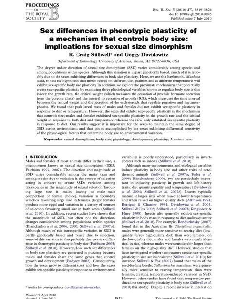 PDF Sex Differences In Phenotypic Plasticity Of A Mechanism That