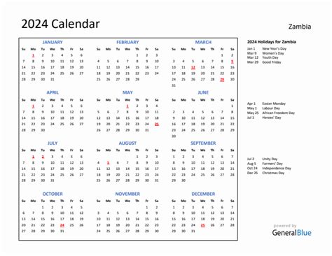 2024 Zambia Calendar with Holidays