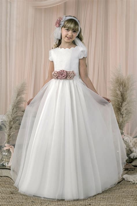 Vestido primera comunión organza y tul Rosas Rosa