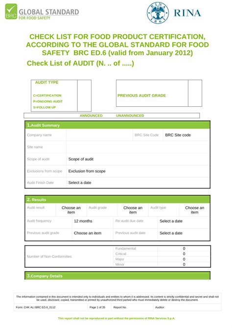 Pdf Check List Brc Food 6 Template Rina · This Report Shall Not Be