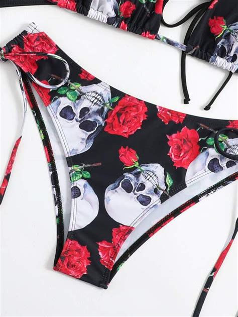 SHEIN Swim HotGoth Kwiatowy Szkielet wydruku Zestaw bikini Trójkąt Biustonosz Krótki Rękaw