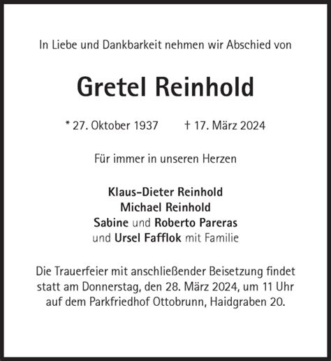 Traueranzeigen Von Gretel Reinhold Sz Gedenken De