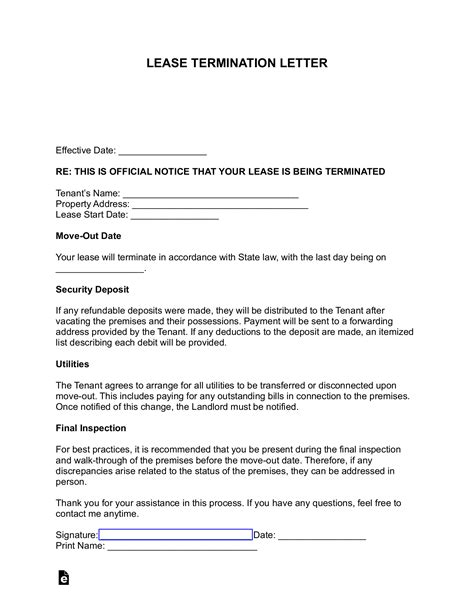 Free Early Lease Termination Letter Landlord Tenant Pdf Word Eforms