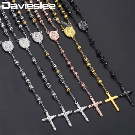 Davieslee Mens Necklacce Sliver Gold Tone Bead Chain Crown Rosary Jesus