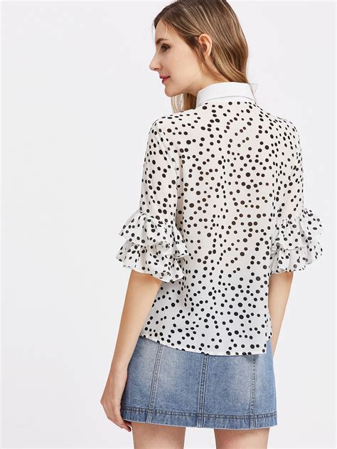 Polka Dot Print Tie Neck Layered Ruffle Sleeve Blouse Shein Sheinside