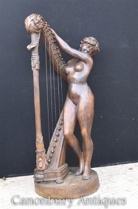 Italian Bronze Nude Female Harp Player Classical Art