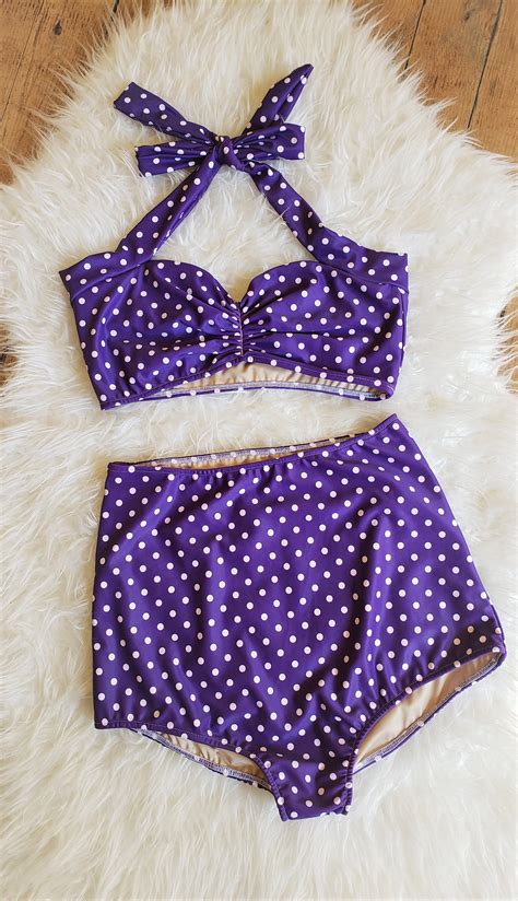 Purple White Polka Dot High Waist Bikini Red Dolly Swimwear