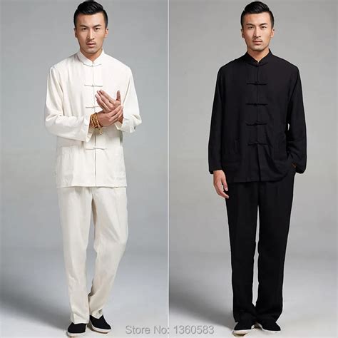 Black White Traditional Chinese Mens Kung Fu Clothing Long Sleeve Tang