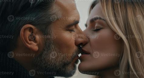 Intimate moment between mature caucasian couple displaying romance and