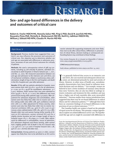 Pdf Sex And Age Based Differences In The Delivery And Outcomes Of Critical Care