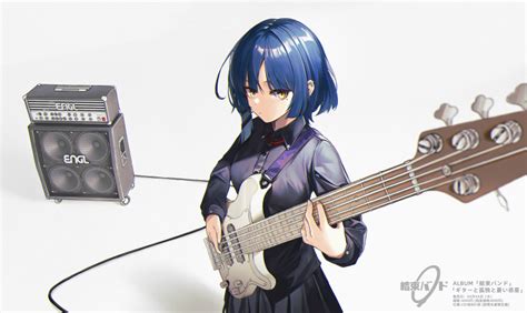 Safebooru 1girl Absurdres Amplifier Bass Guitar Black Skirt Blue Hair Blue Shirt Blurry Bocchi