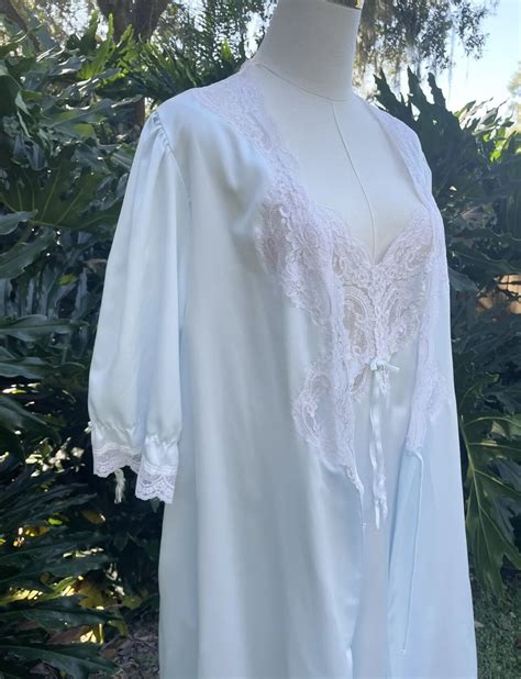 Vintage Christian Dior Nightgown Robe Set Size Medium Gown Blue Lace Floral Lingerie Etsy