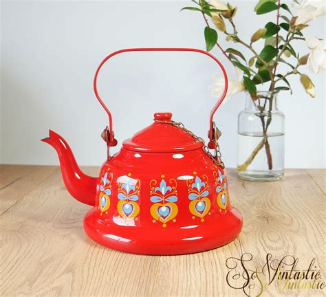 Vintage French Red Enamel Tea Pot Retro Enamel Kettle Floral Etsy