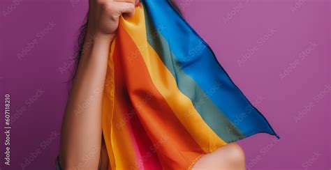 Expressive Generative AI Pride Photo Of A Lesbian Woman With Rainbow Flag Patterns Inclusive