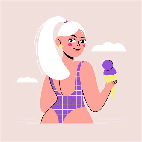 Sexy Blonde With Cherry Ice Cream Modern Portrait In Flat Style Vector Character Illustration
