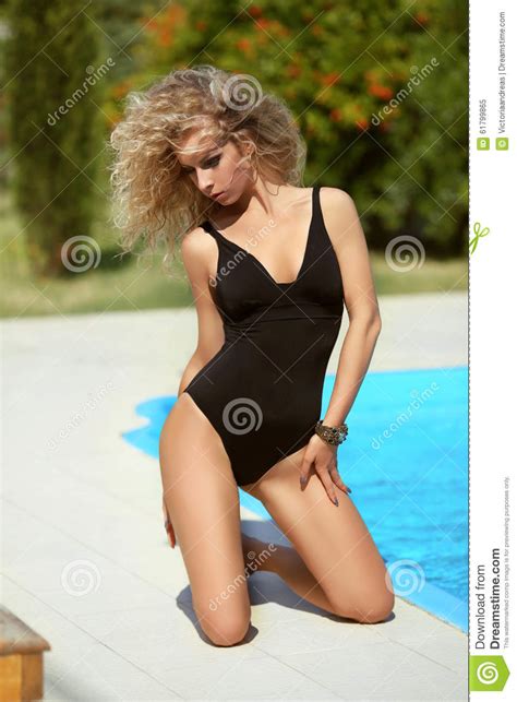 Beautiful Woman Model In Black Bikini Posing And Tanned By Stock Image Image Of Hair Buttocks