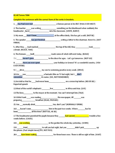 B1 All Tenses T006 Complete The Sentences With The Correct Form Of The