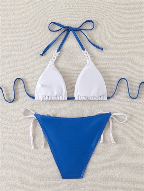 Shein Swim Conjunto De Bikini De Bloques De Color Para Vacaciones En La Playa Mode De Mujer