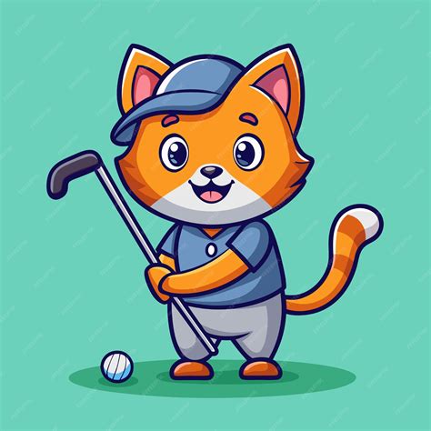 Cute Cat Playing Golf Cartoon Vector Icon Illustration Animal Sport