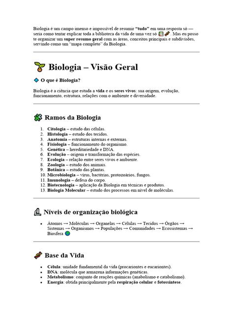 Biologia É Himanas Ou Ezatas - Mapa Completo da Biologia e Ramos | PDF | Biologia | Vida