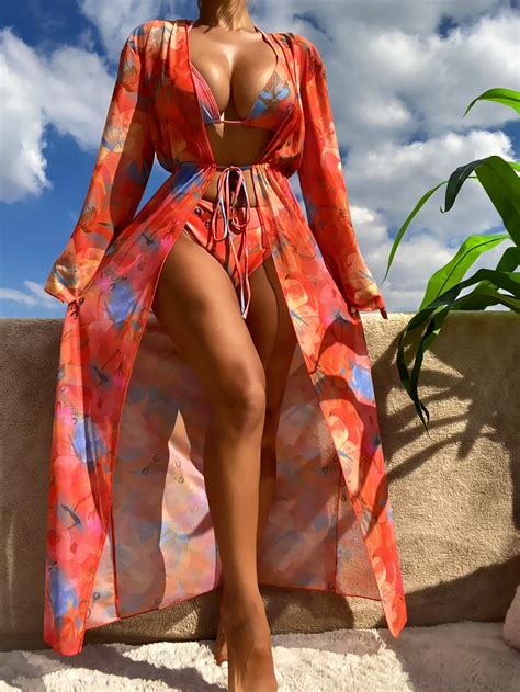 Tropical Print Halter Triangle Bikini Swimsuit With Kimono
