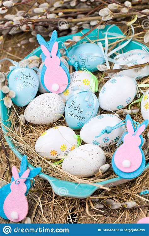 Easter Pussy Willow And Blue Easter Egg On Wooden Background Ha Stock Image Image Of Painted