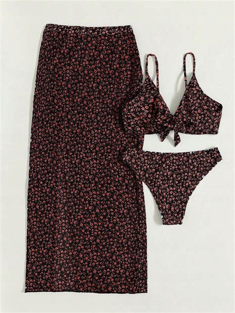 Str J K Pielowy Bikini W Kwiaty Z Pareo Marszczony Czarny Shein L Allegro Pl