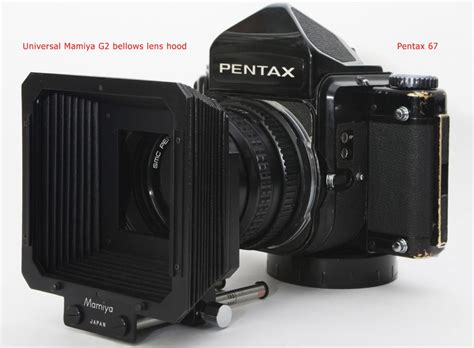 Mamiya G2 bellows lens hood on Pentax 67 lenses as universal solution