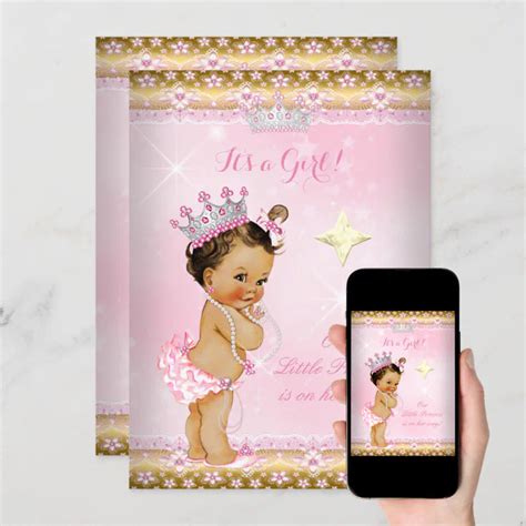 Princess Baby Shower Pink Gold Lace Tiara Brunette Invitation Zazzle