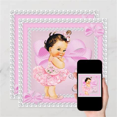 Vintage Baby Shower Girl Pretty Pink Tutu Brunette Invitation Zazzle