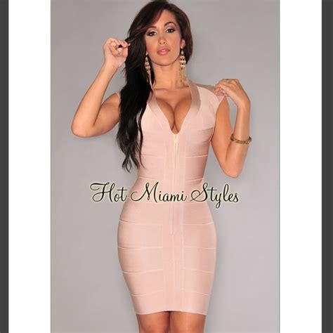 Nude Front Zipper Bandage Dress Gem