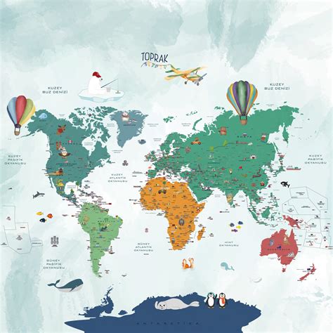 Kids World Map Colorful World Map Wallpaper Kids Animals - Etsy