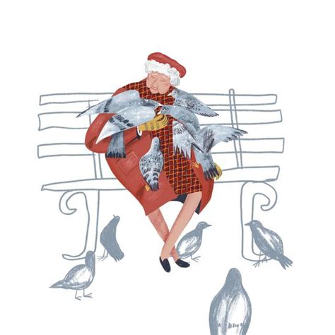 Old Woman Sitting On A Bench With Birds Art Illustration