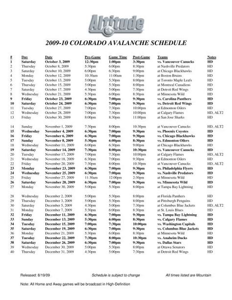 Colorado Avalanche Schedule 2023-24 Excel