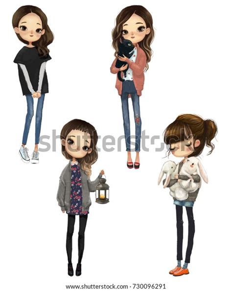 set  cartoon cute girls stock illustration