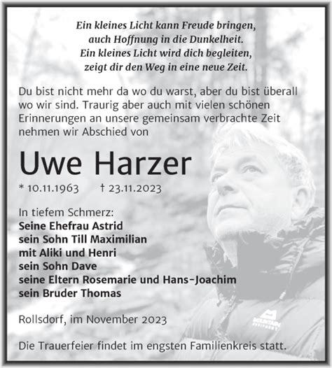 Traueranzeigen Von Uwe Harzer Abschied Nehmen De