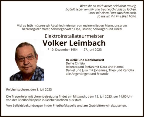 Traueranzeigen Von Volker Leimbach Trauer Werra Rundschau De