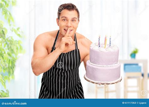 Naked Man Holding A Birthday Cake Stock Image Image Of Joyful Happy 61117363