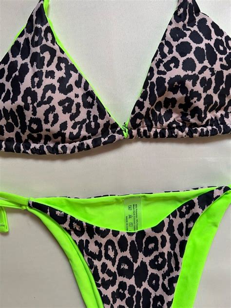 SHEIN Leopard Design Neon Green Self Tie Halter Triangle Two Piece Bikini Swimsuit Women S