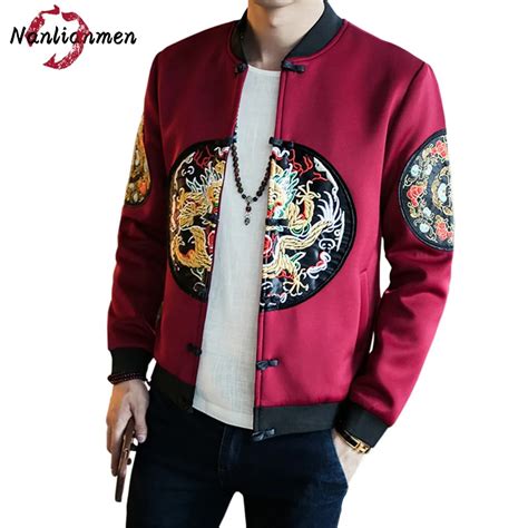 2017 New Winter Chinese Dragon Embroidery Jackets Men Bomber Jacket