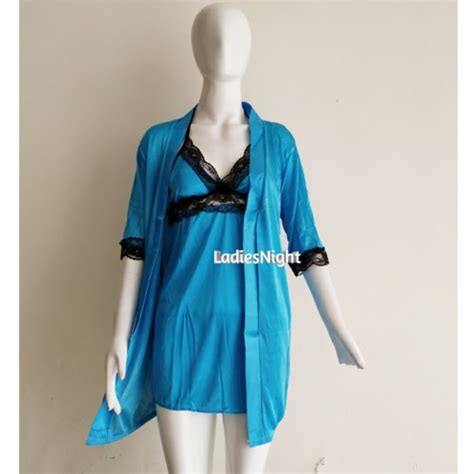 Jual Sky Blue Yuko Set Sexy Nightdress Kimono Lingerie Blue G String Jakarta Barat